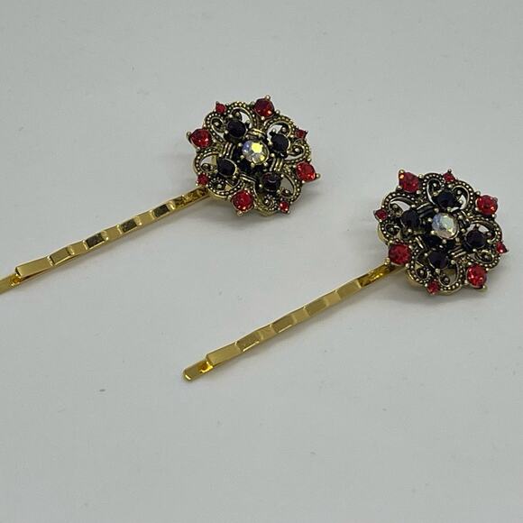 Handmade Red Iridescent Rhinestone Gold Set Hair Clips HoCo Fairy Jewelry NWT - Picture 3 of 6